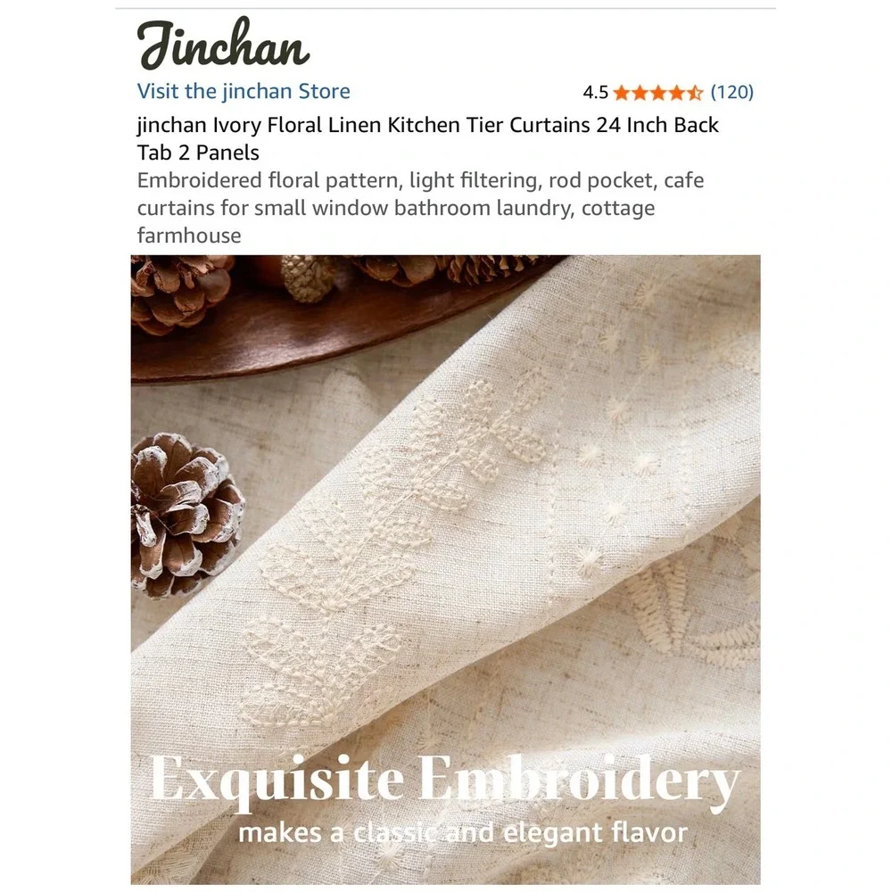 Jinchan Ivory Embroidered Linen Kitchen Tier Curtains 24